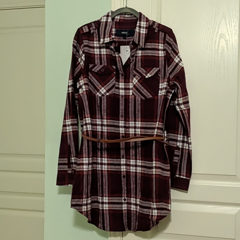 Maroon Plaid Flannel Tunic Dress with Belt